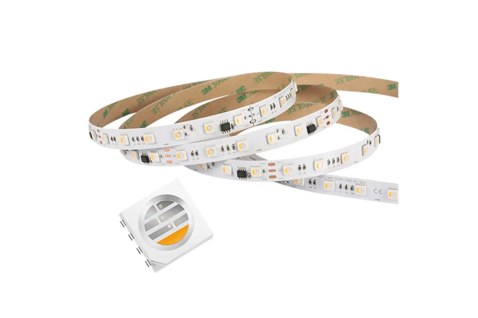 Rolled-up IllumiDEL strip light, RGB and white LEDs on the circuit board, adhesive backing