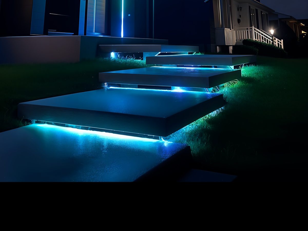Marches de béton flottantes, chacune soulignée par-dessous d'un trait de lumière bleue
