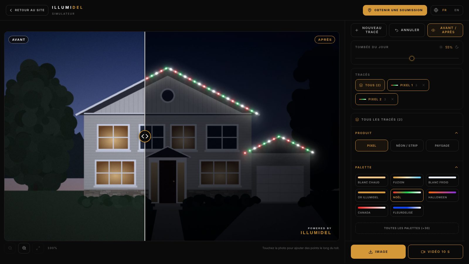 Aperçu du simulateur IllumiDEL : maison avec éclairage Pixel de Noël et comparaison avant / après